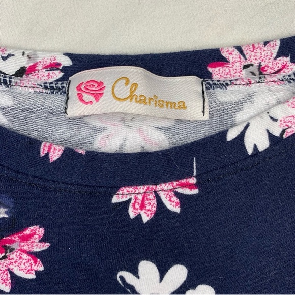 Charisma Womens Navy Blue w White & Pink Flowers Floral Long Sleeve Crop Top S - Picture 3 of 6